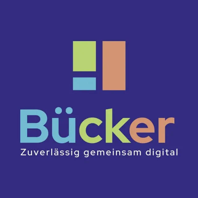 Logo draft: a composition of colored rectangles above the multicolored “Bücker” wordmark
