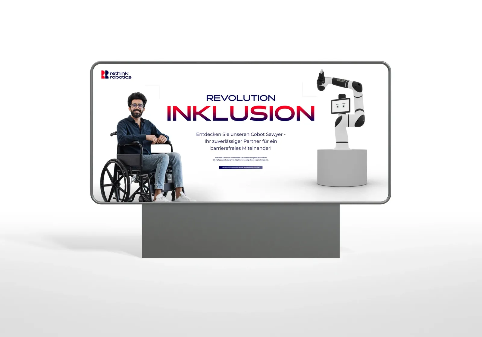 Kampagnenseite „Revolution Inklusion“: ein Mann im Rollstuhl neben dem Cobot Sawyer