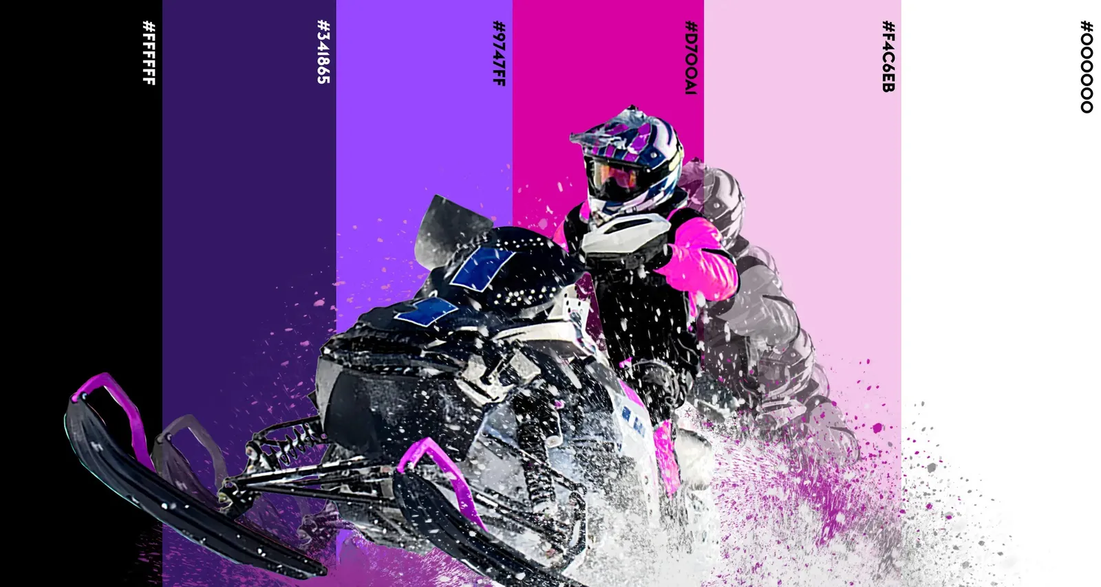 The brand colors as vertical stripes from black through violet and magenta to white, in front of them a snowmobile rider in mid-jump