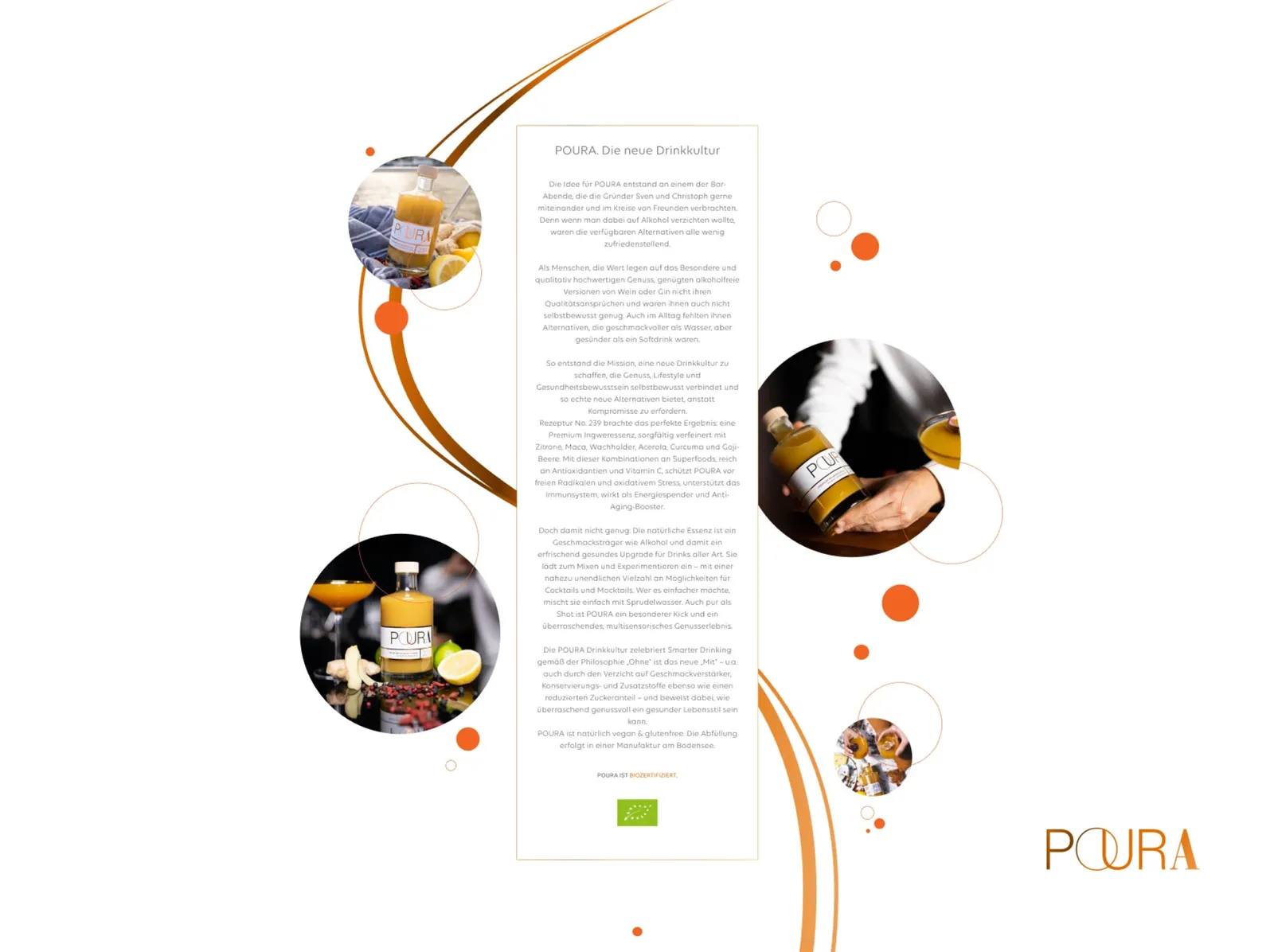 The text about the origins, surrounded by round mood images and sweeping lines