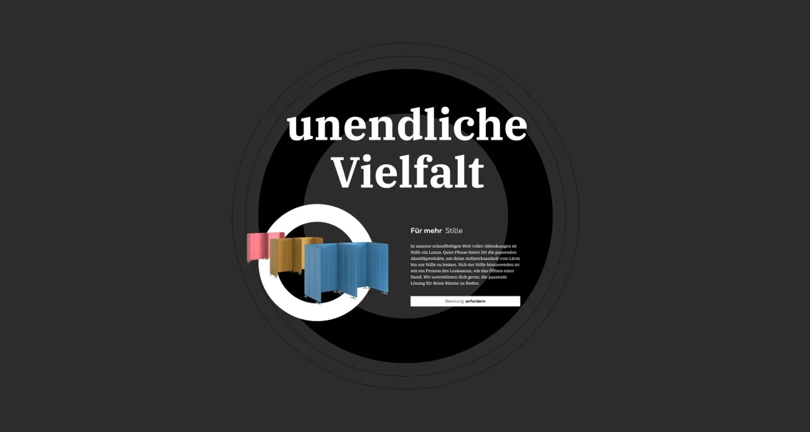 An editorial layout: “endless variety” in the black circle, in front of it staggered partition walls