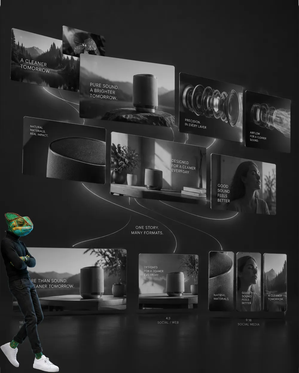 WAGEMUT chameleon in front of one product story in many formats: film, social media and portrait
