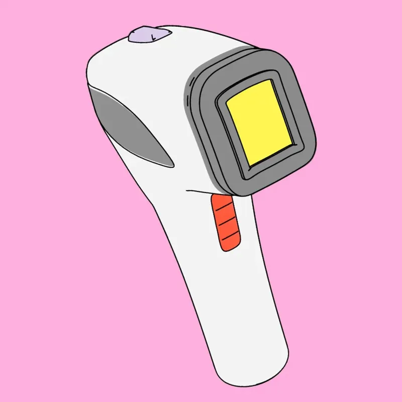 The laser head as line art on pink, its window glowing yellow