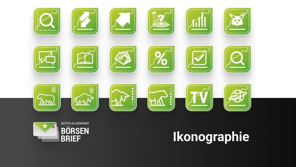 Eighteen green icons for topics such as analysis, law, trend, television and markets