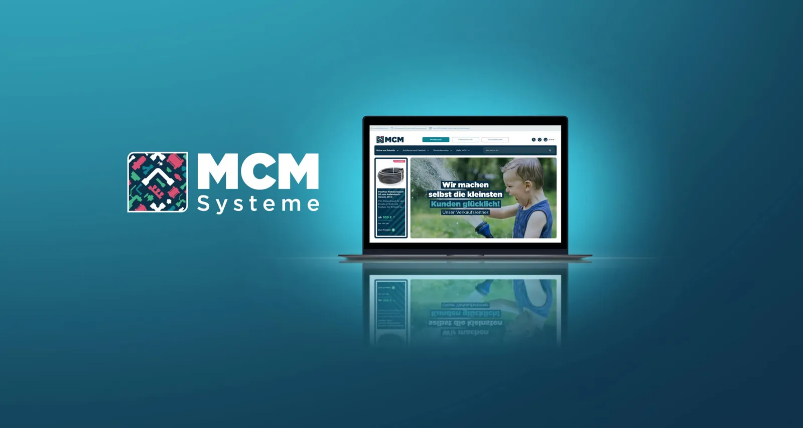 The “MCM Systeme” logo next to a laptop showing the new homepage, on a turquoise background