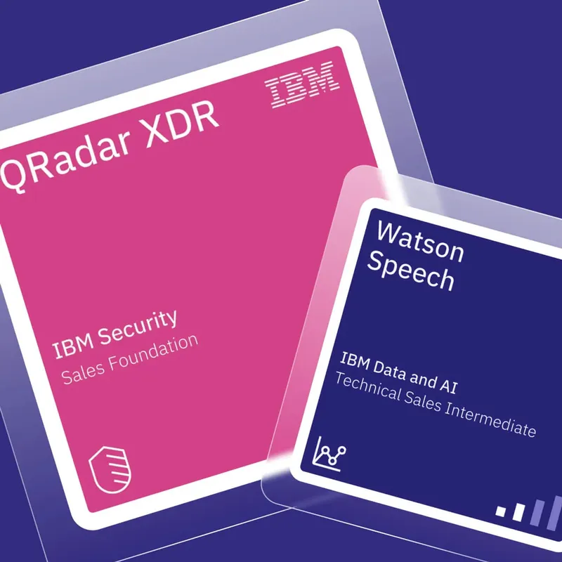 Two IBM certificates as floating tiles: QRadar XDR in pink, Watson Speech in dark blue