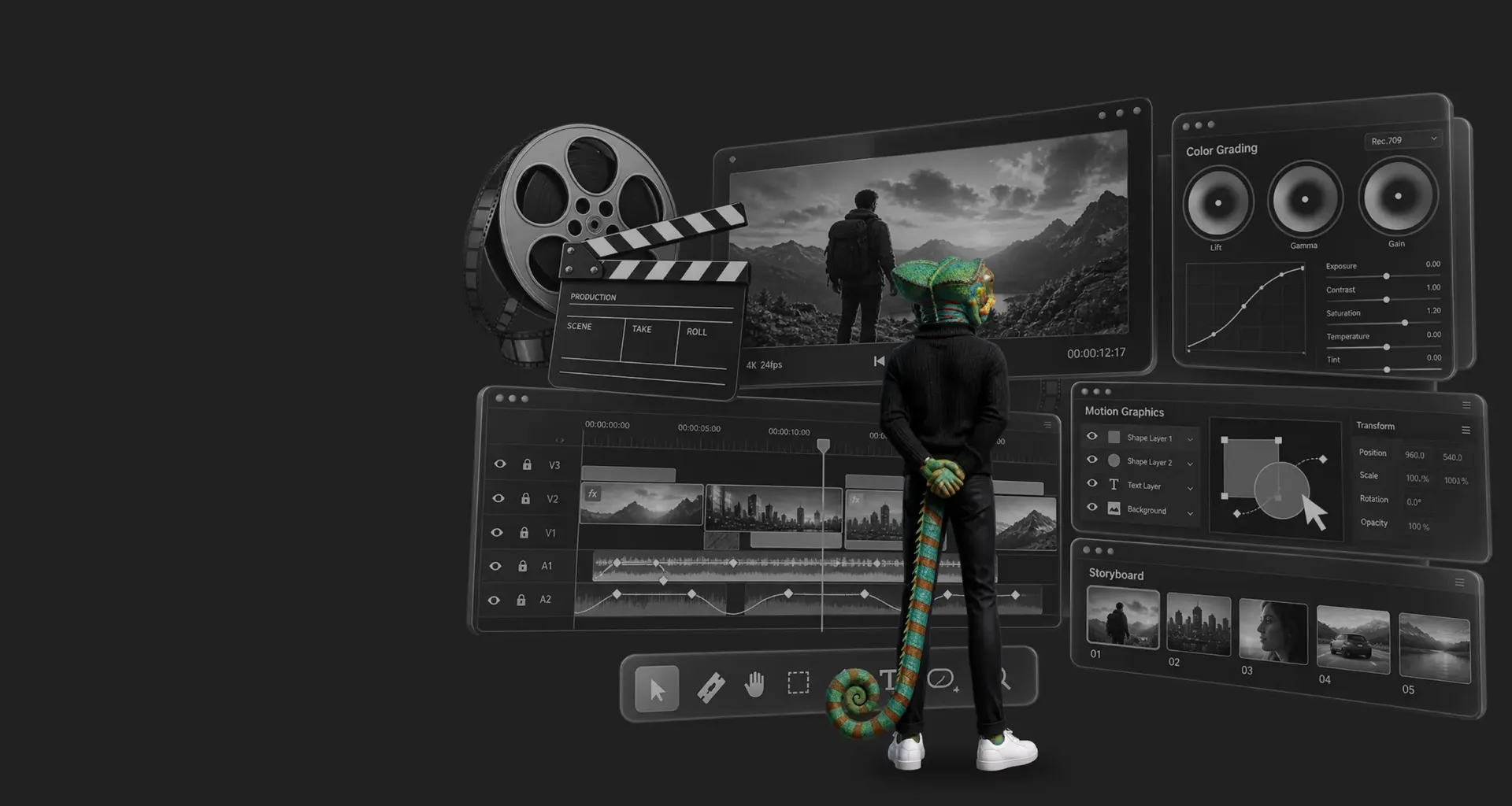 WAGEMUT chameleon in front of a video editing interface with timeline, film reel, clapperboard and monitors
