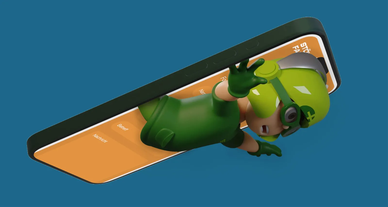 Mio emerges from a smartphone lying flat and waves, on a blue background