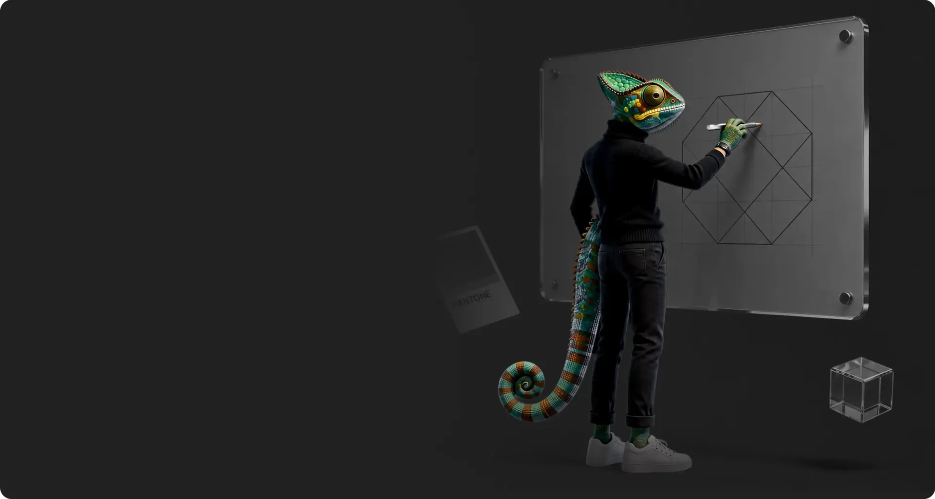 WAGEMUT chameleon drawing a structure diagram on a glass board