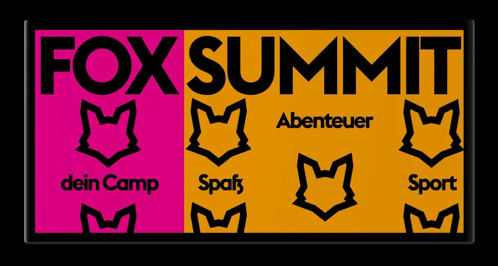 Display board in magenta and orange with the FOX SUMMIT lettering and the icons