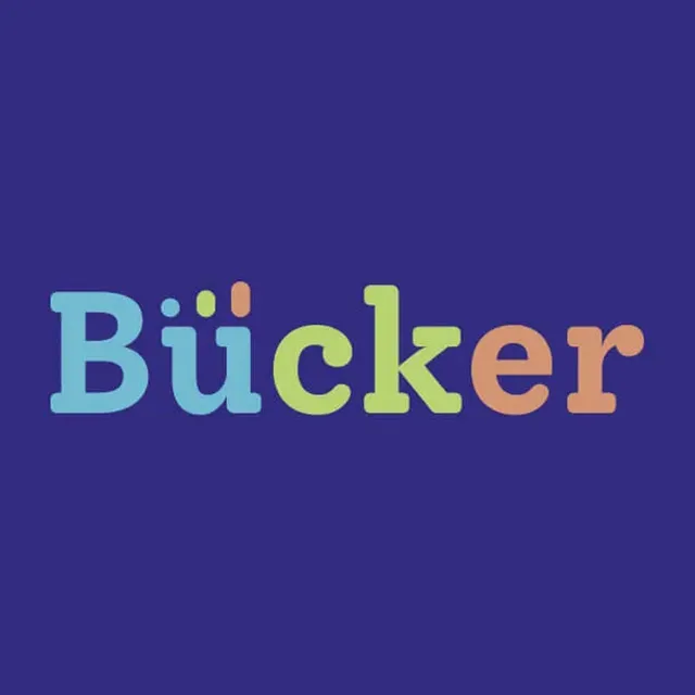 Logo draft: the “Bücker” wordmark in soft pastel tones, every letter in a different color