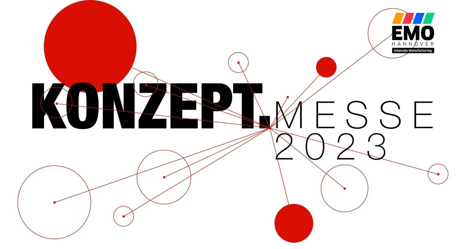 Graphic reading “Concept. Trade fair 2023” with a web of red circles and lines
