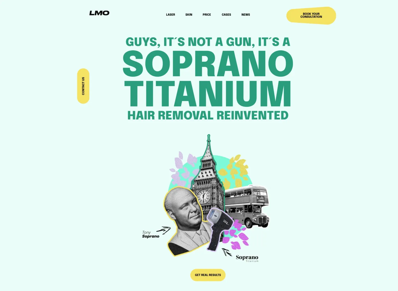 Homepage draft in mint green with the line “Guys, it’s not a gun, it’s a Soprano Titanium” and a collage of Big Ben, a double-decker and a portrait