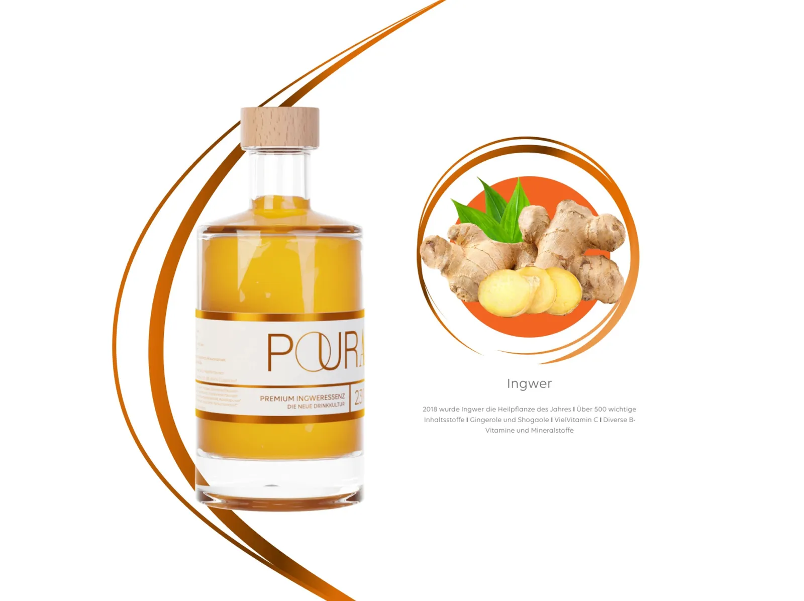 The bottle on the left, on the right the profile of ginger in an orange circle