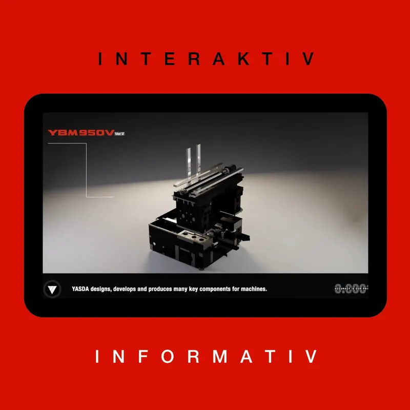 Tablet showing the interactive 3D view of the YBM 950V, alongside “interactive” and “informative”