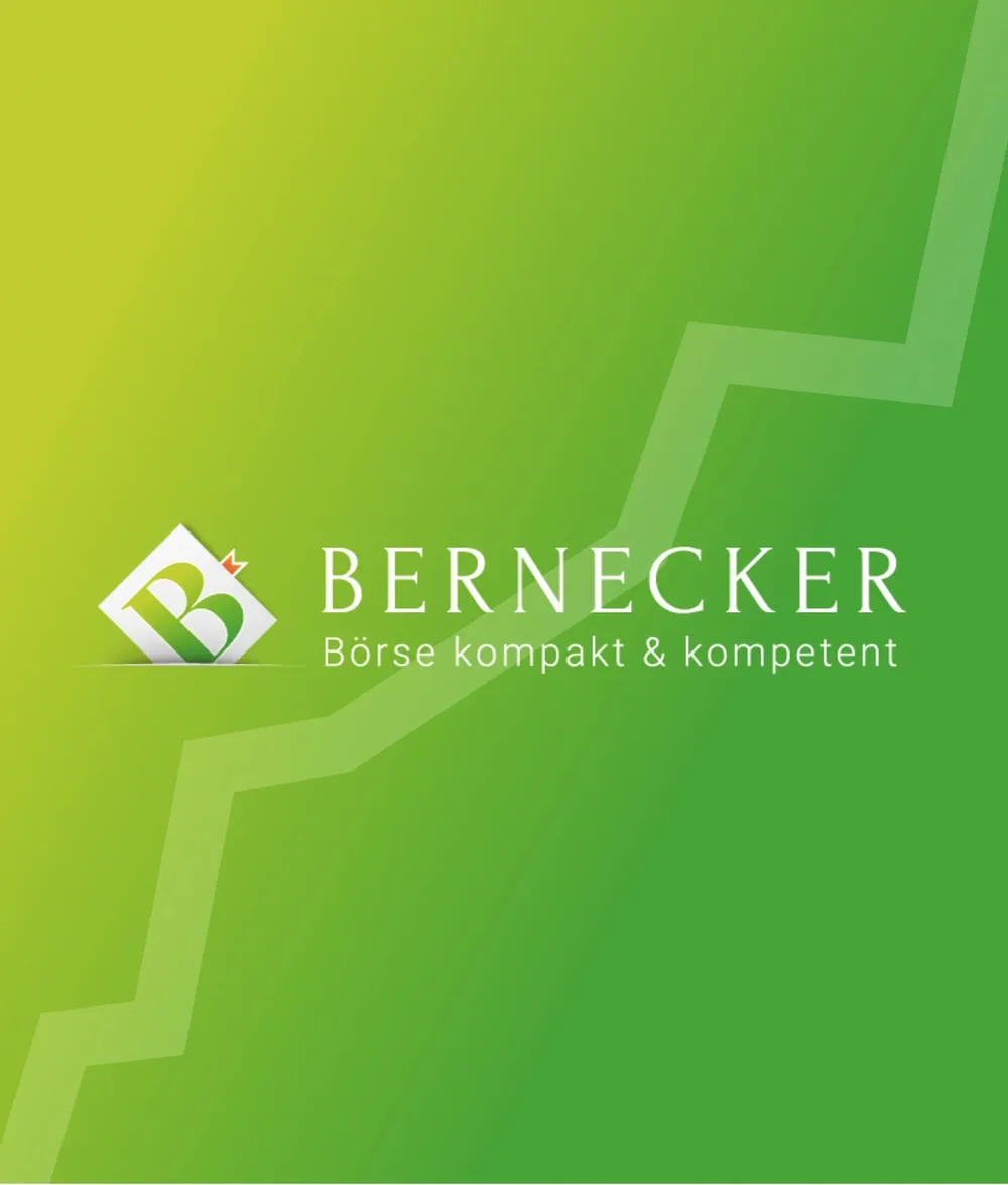 The new logo on a green gradient, backed by a rising price chart