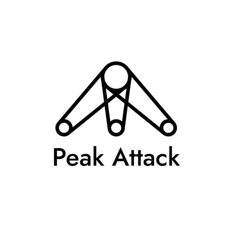 Logo draft: a belt routed as a triangle, below it “Peak Attack” in a grotesque