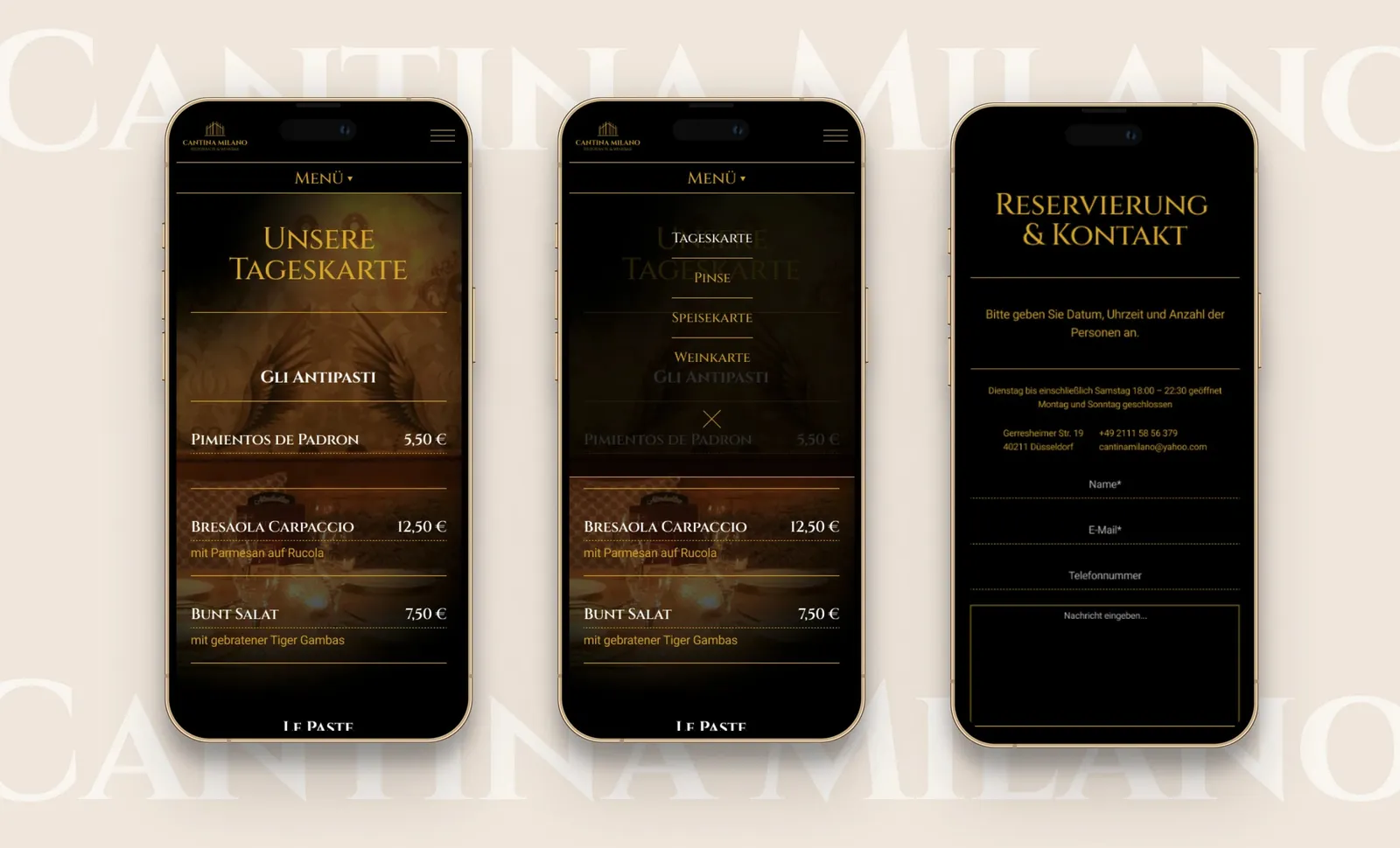Three smartphones showing the daily menu, the opened navigation menu and the reservation form of the new website