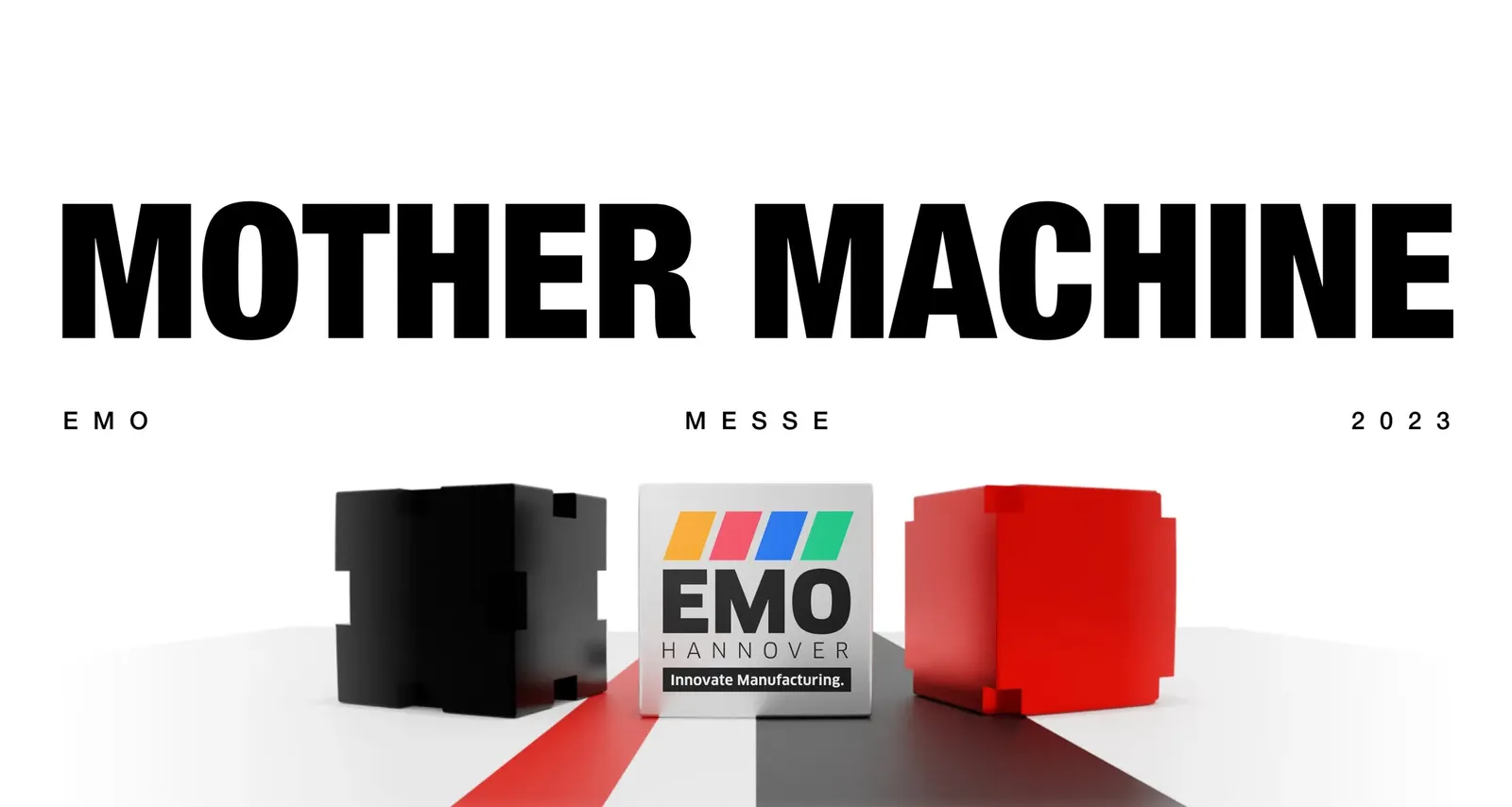 Graphic reading “Mother Machine — EMO trade fair 2023” with one black and one red cube
