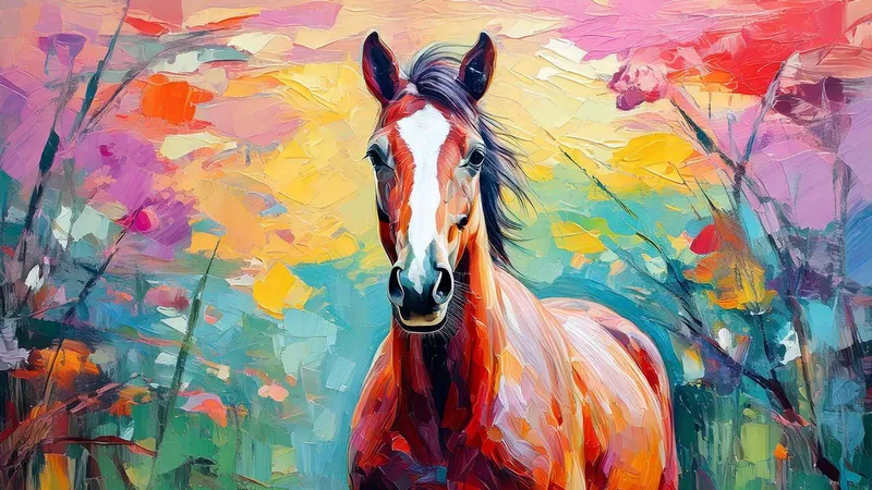Oil painting of a chestnut horse in front of a meadow in bold palette-knife colors
