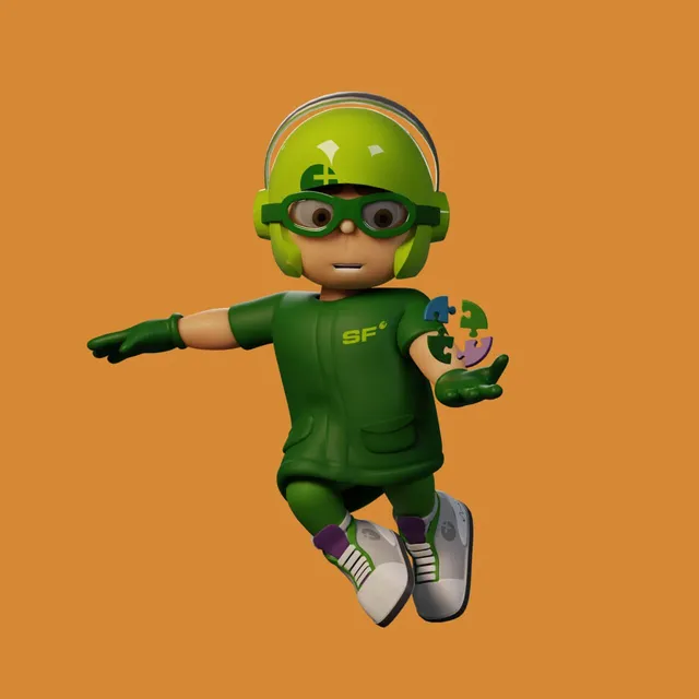 Mio balances a puzzle piece on his palm, on orange