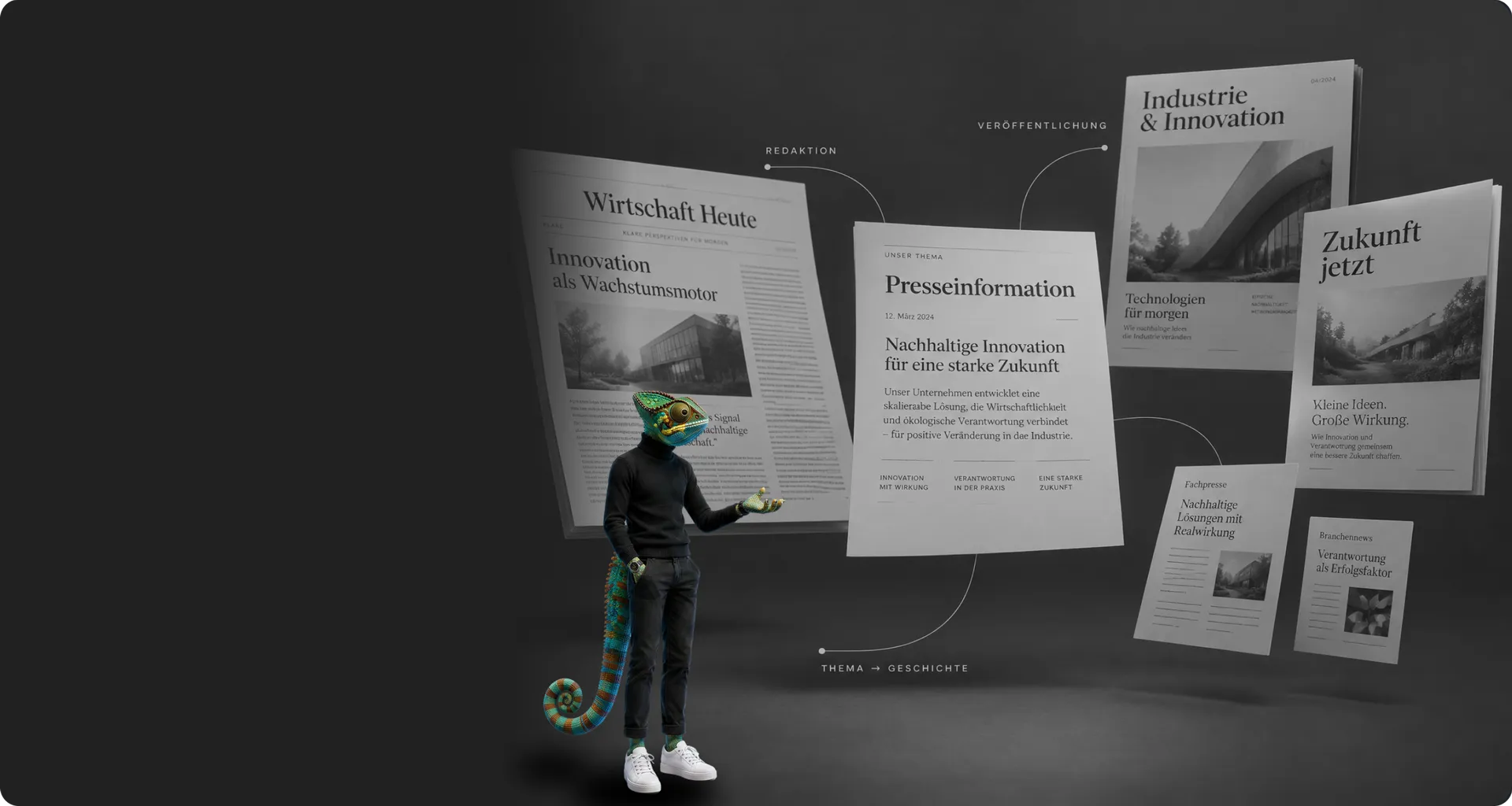 WAGEMUT-Chamäleon zeigt auf schwebende Presseseiten: Pressemitteilung, Zeitungsartikel und Magazincover