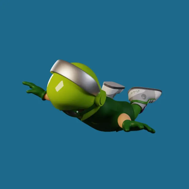 Mio flies horizontally through the frame, arms swept back