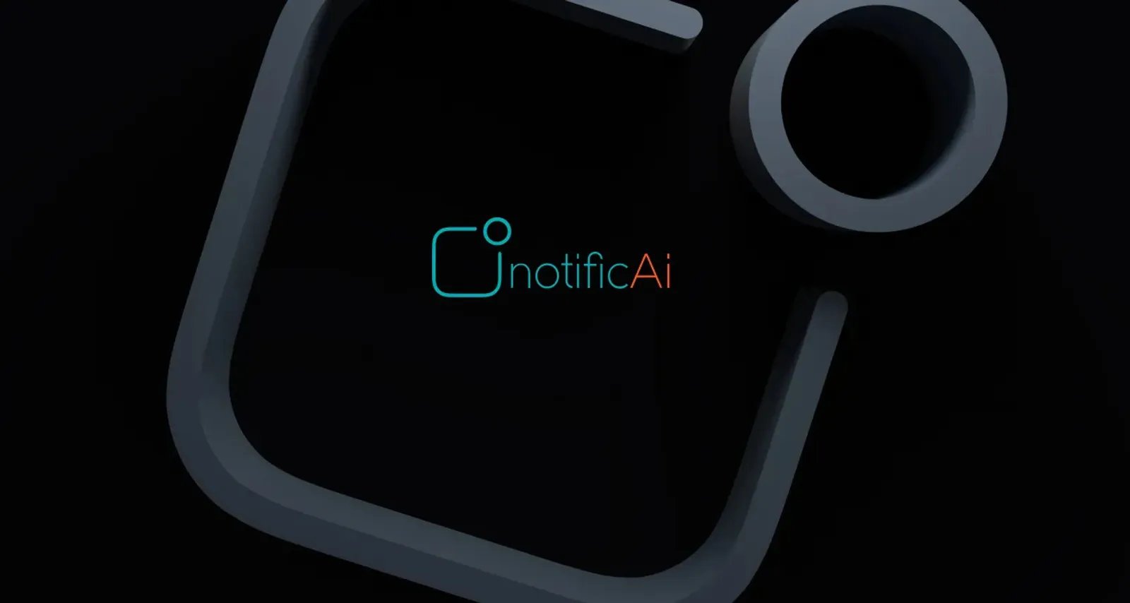 The emblem as a sculptural 3D object on a dark background, in front of it the notificAi lettering
