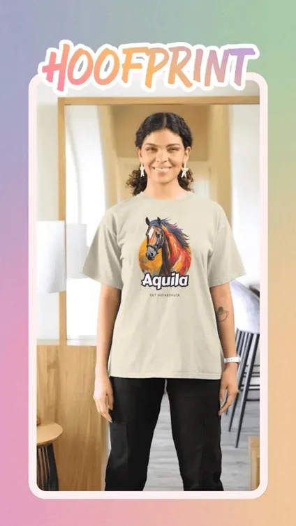 Story clip: a wearer shows her shirt with the portrait “Aquila”
