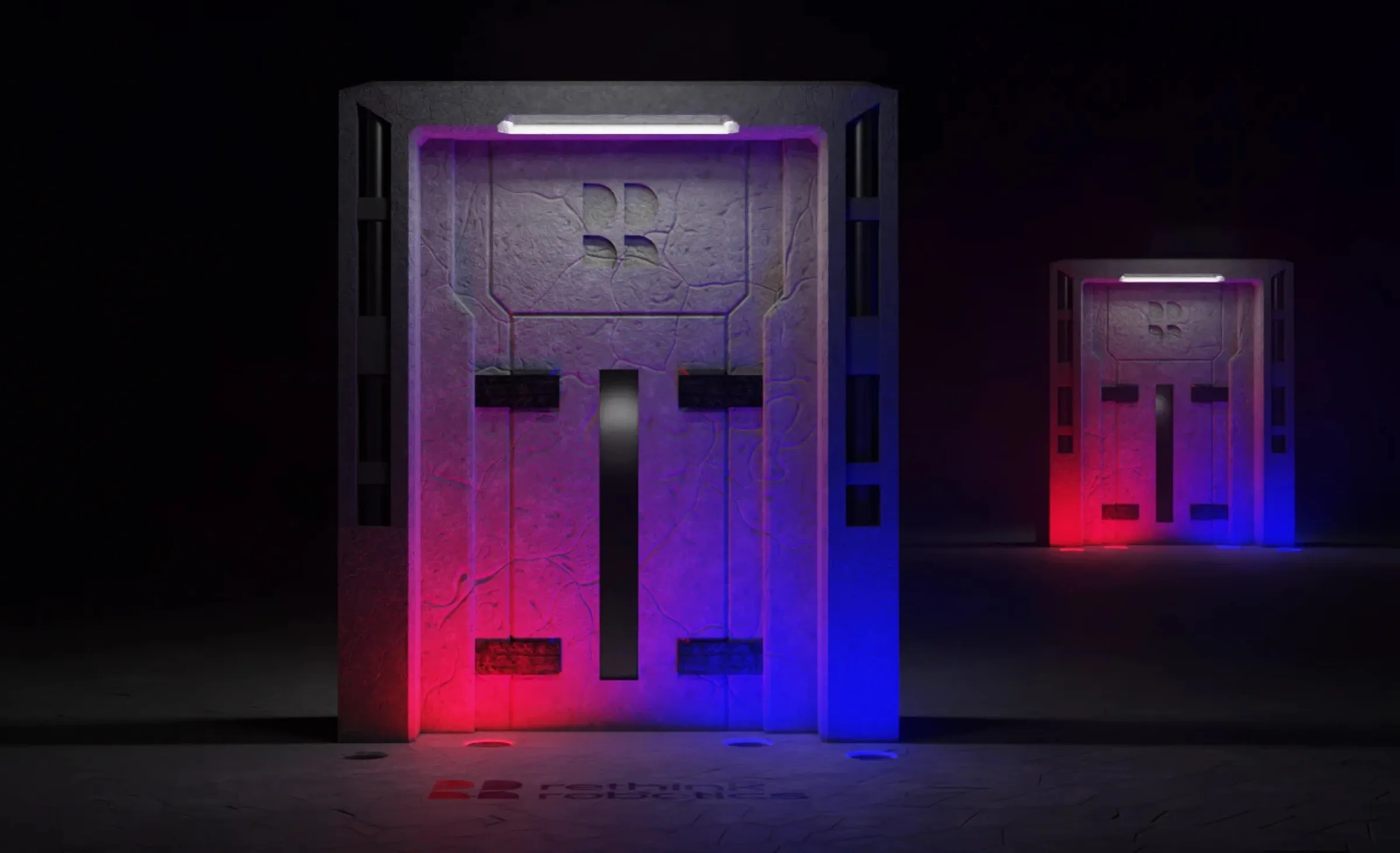 Rendering: zwei Boxen mit rot-blauer Kantenbeleuchtung