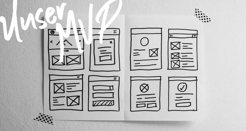 Handgezeichnete Website-Wireframes auf Papier mit dem Schriftzug „Unser MVP“