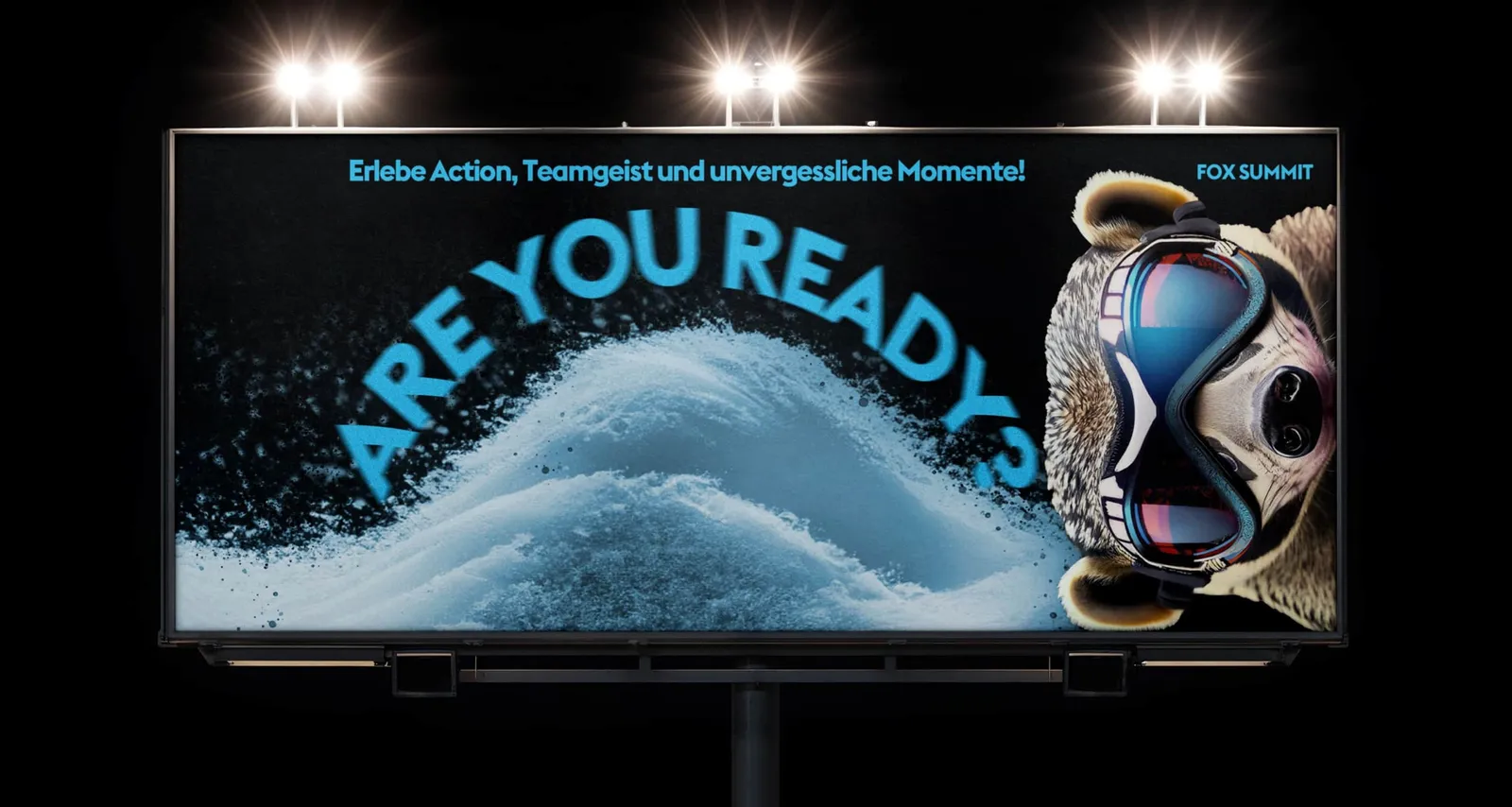Illuminated billboard at night with the question “Are you ready?” and the fox in ski goggles