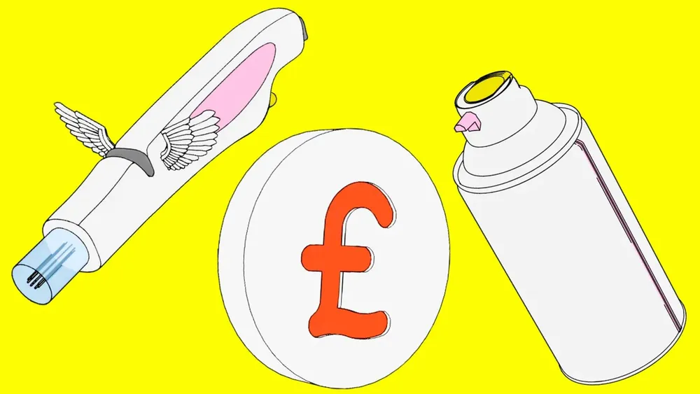 Razor with wings, a pound coin and a spray can as line art on yellow