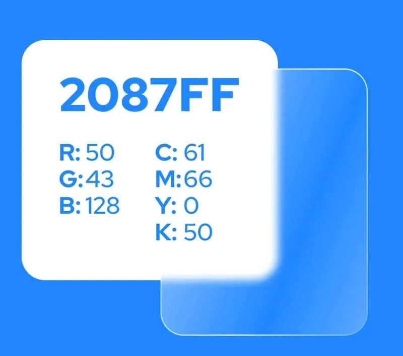 Color swatch of the blue 2087FF with RGB and CMYK values