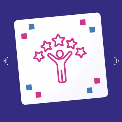 Icon tile: a person with raised arms among stars — for satisfaction