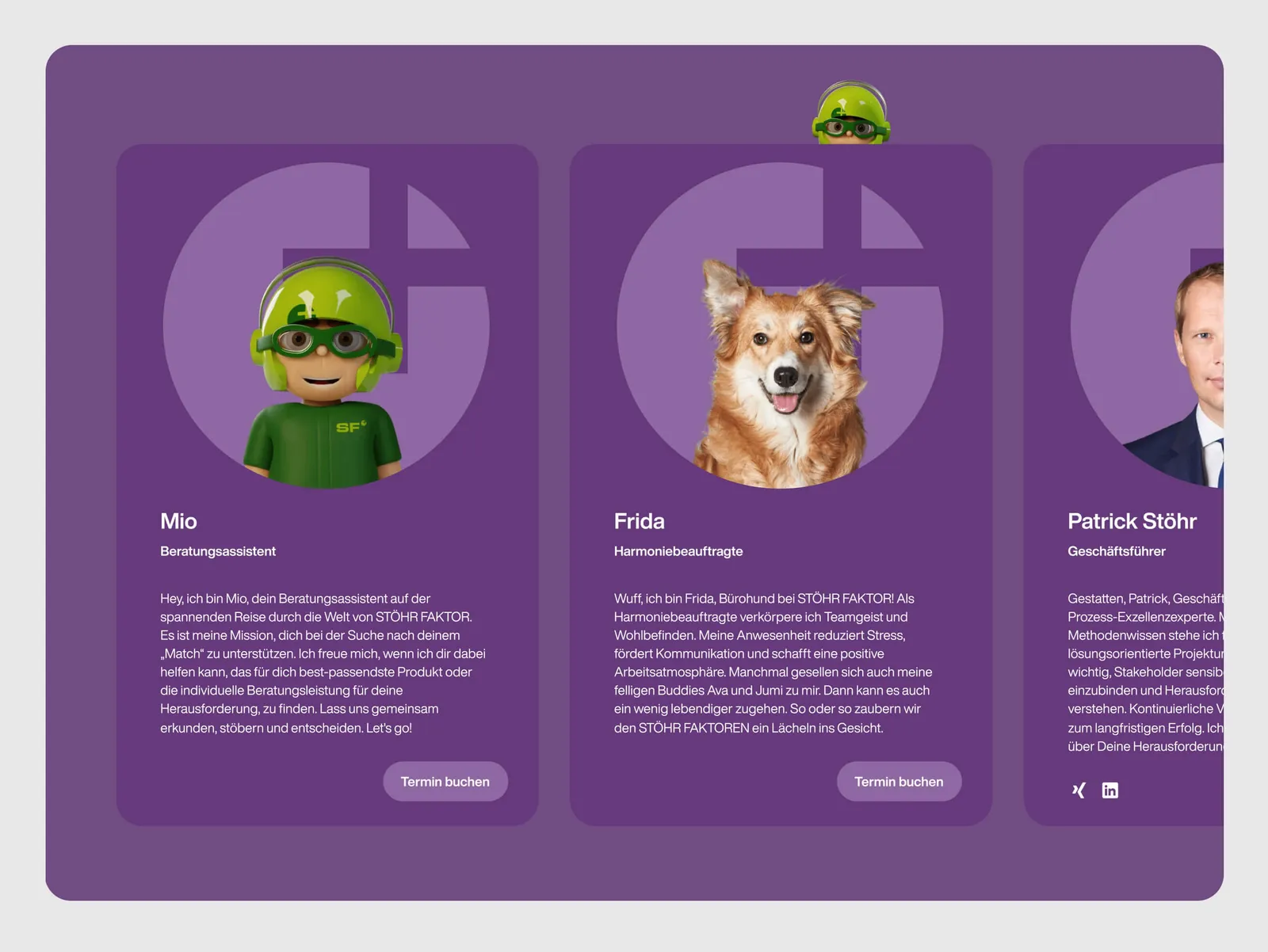 Team page with three cards: Mio as consulting assistant, Frida the dog and Patrick Stöhr