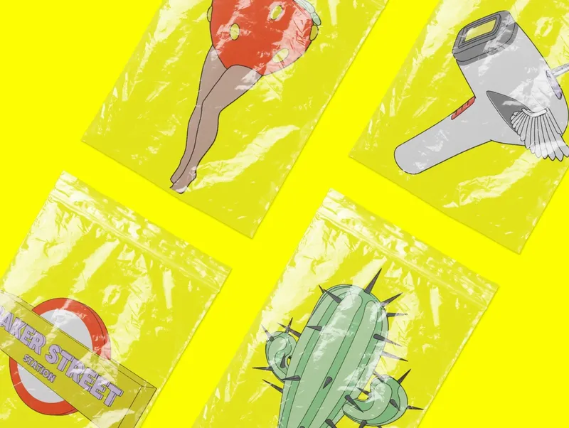 Four zip-lock bags with line art prints on yellow