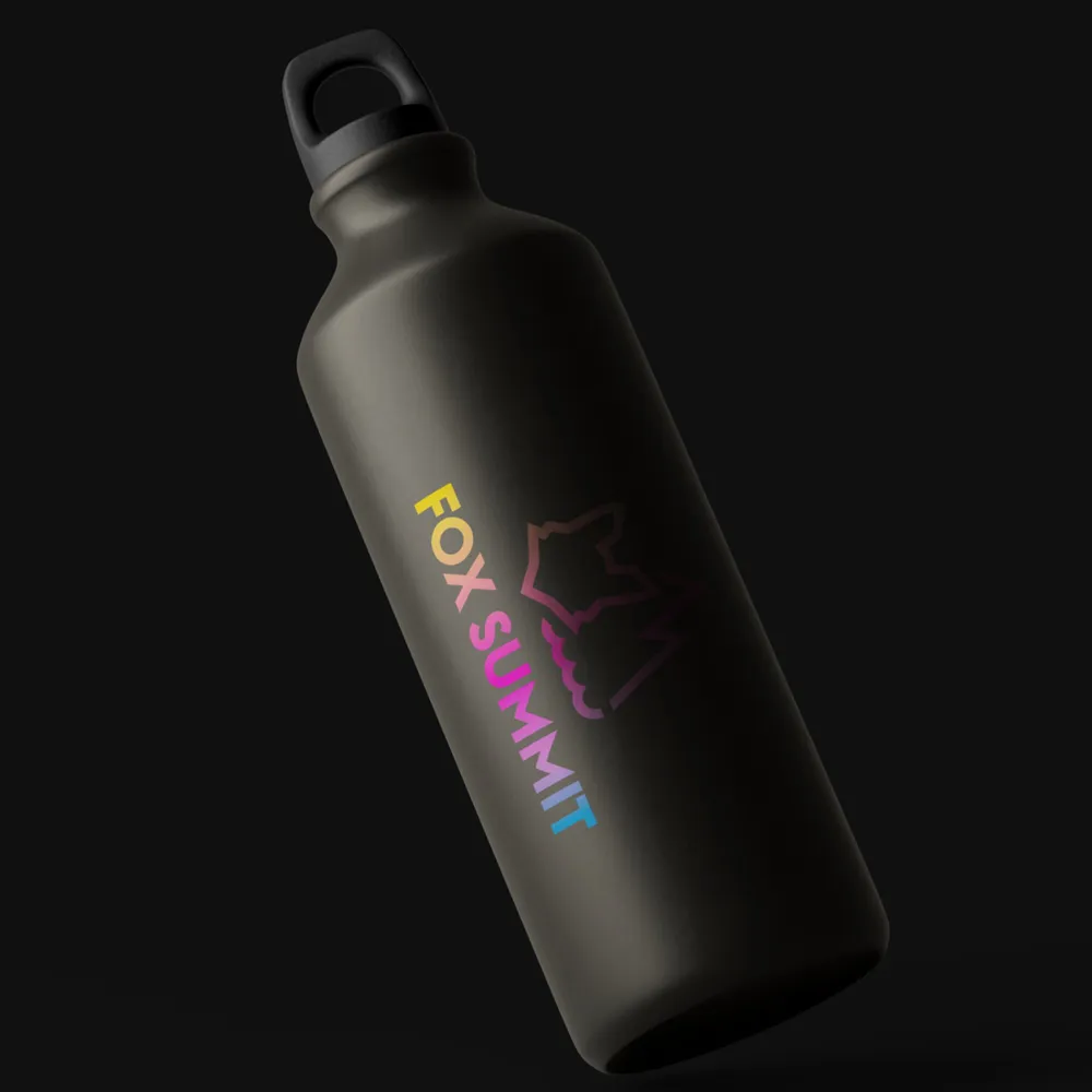 Black water bottle with the Fox Summit lettering in gradient colors