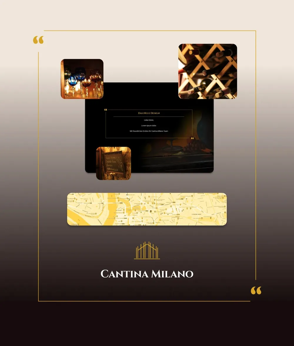Collage of page sections, image details and the golden location map, framed by golden quotation marks