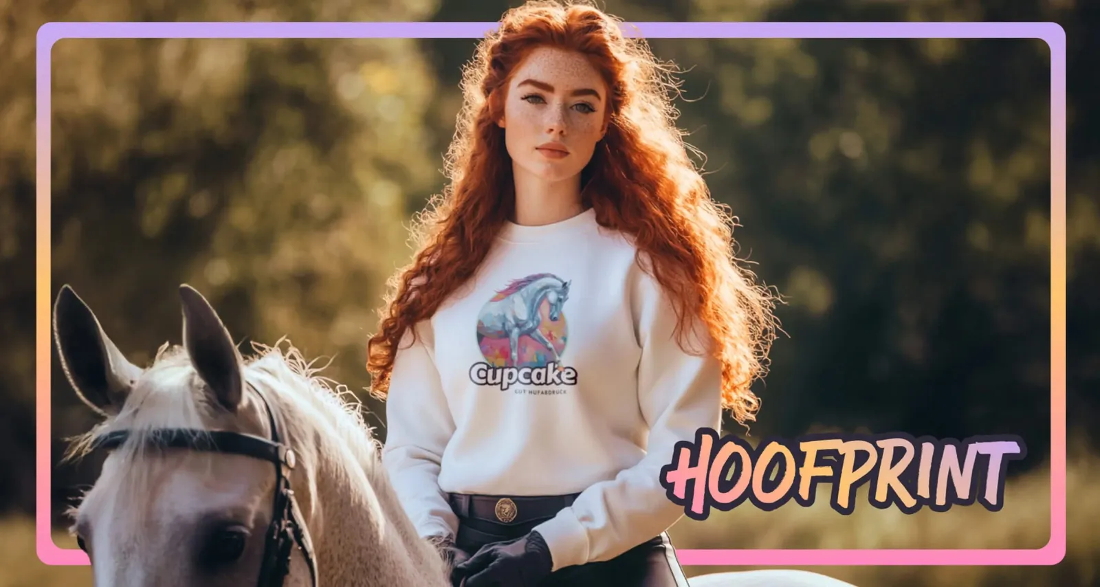 Rider on a grey horse, in a sweatshirt with the painted portrait of her horse and the Hoofprint lettering