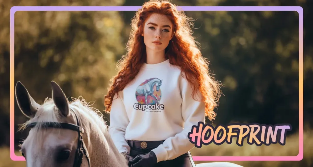 The logo in use: rider on a grey horse in a sweatshirt with the portrait of her horse
