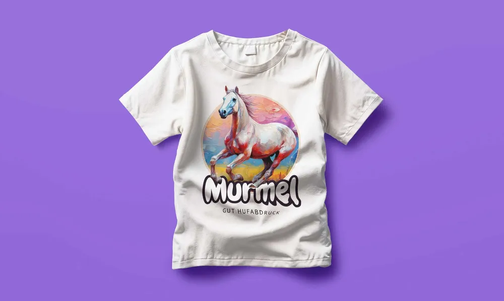 White T-shirt with the “Murmel” design on a violet background