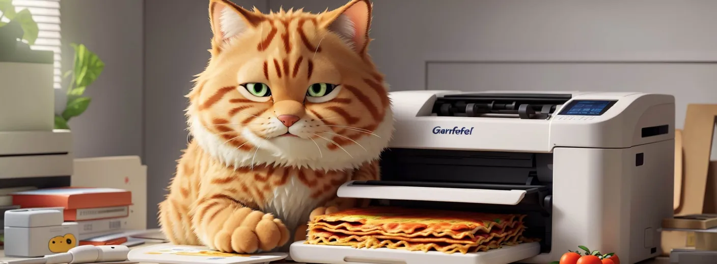 Illustration: eine dicke orangefarbene Katze im Stil von Garfield neben einem Drucker, aus dem Lasagne kommt