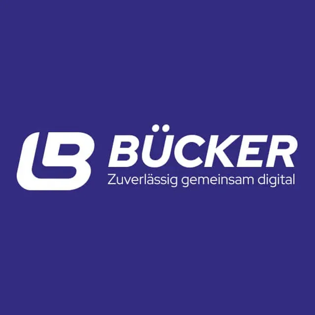 Logo draft: an angular B mark to the left of the BÜCKER wordmark