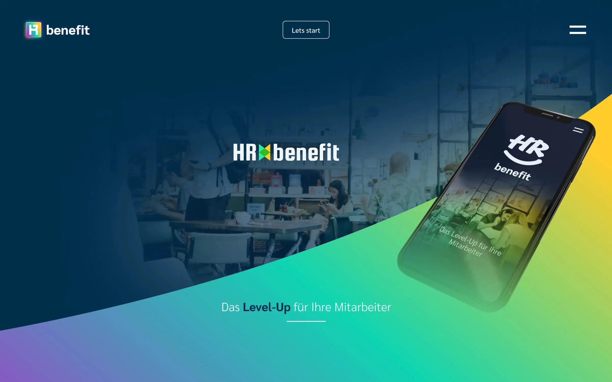 Home page draft with a gradient and a colorful symbol between “HR” and “benefit”