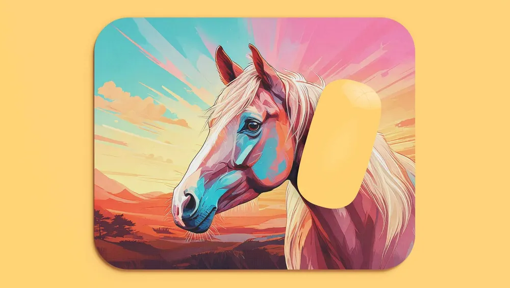 Mouse pad with a comic horse in front of a sunset