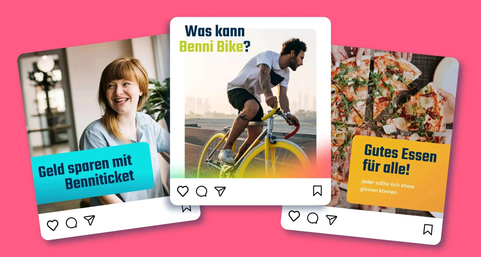 Three Instagram posts on Benni Ticket, Benni Bike and Benni Food on a pink background