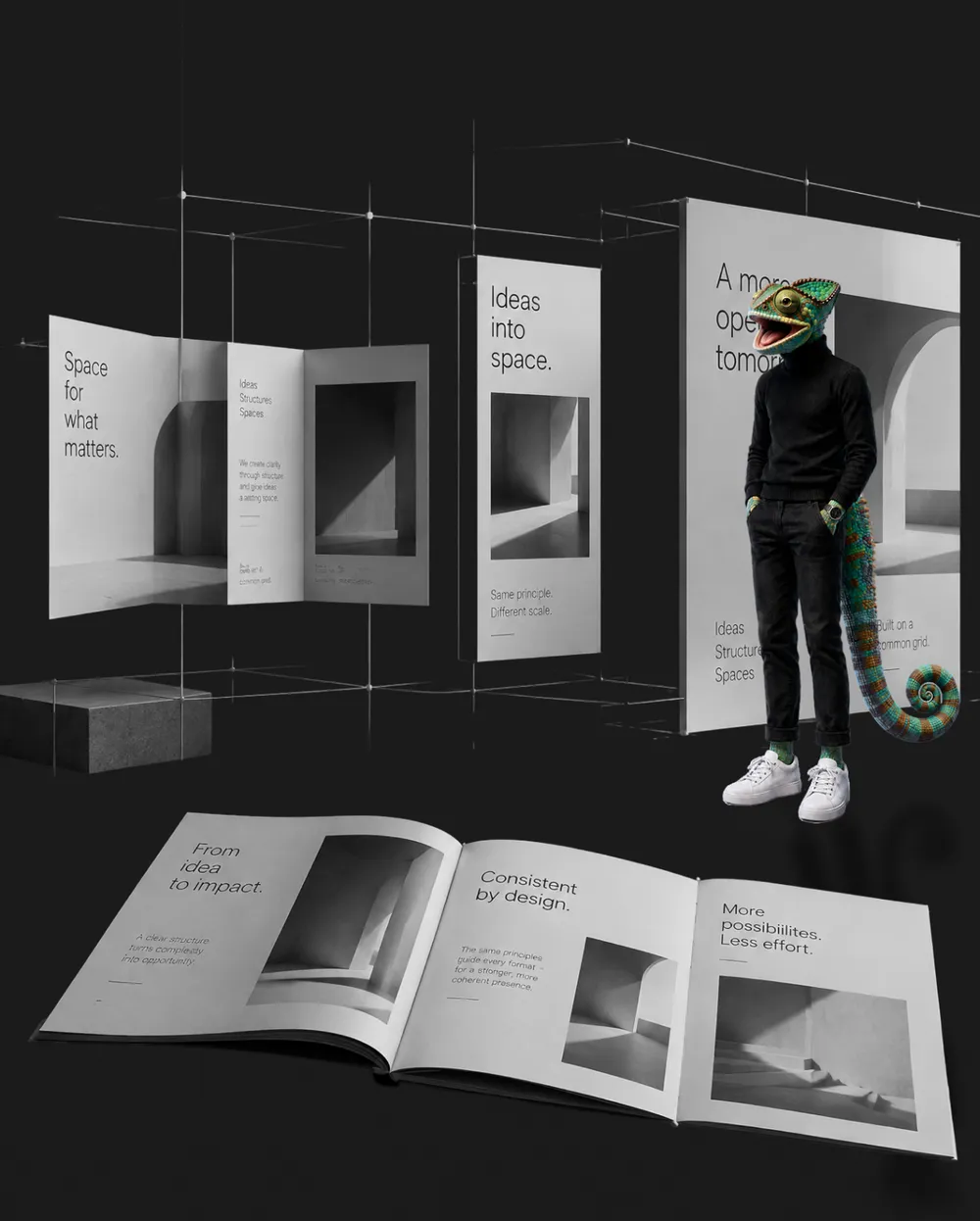 WAGEMUT chameleon among brochures, displays and an open magazine in a consistent layout