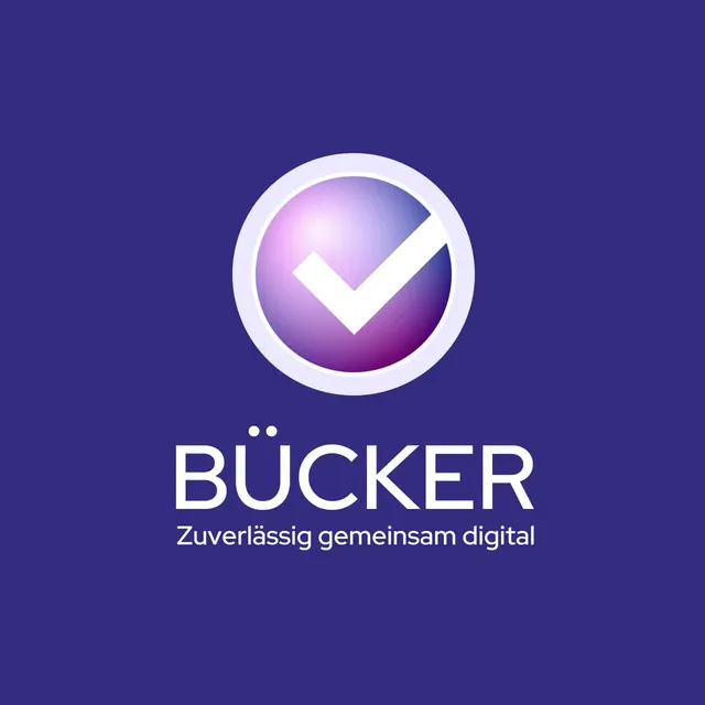 Logo draft for Bücker: a check mark in a gradient circle above the BÜCKER wordmark and the line “Reliably digital, together”