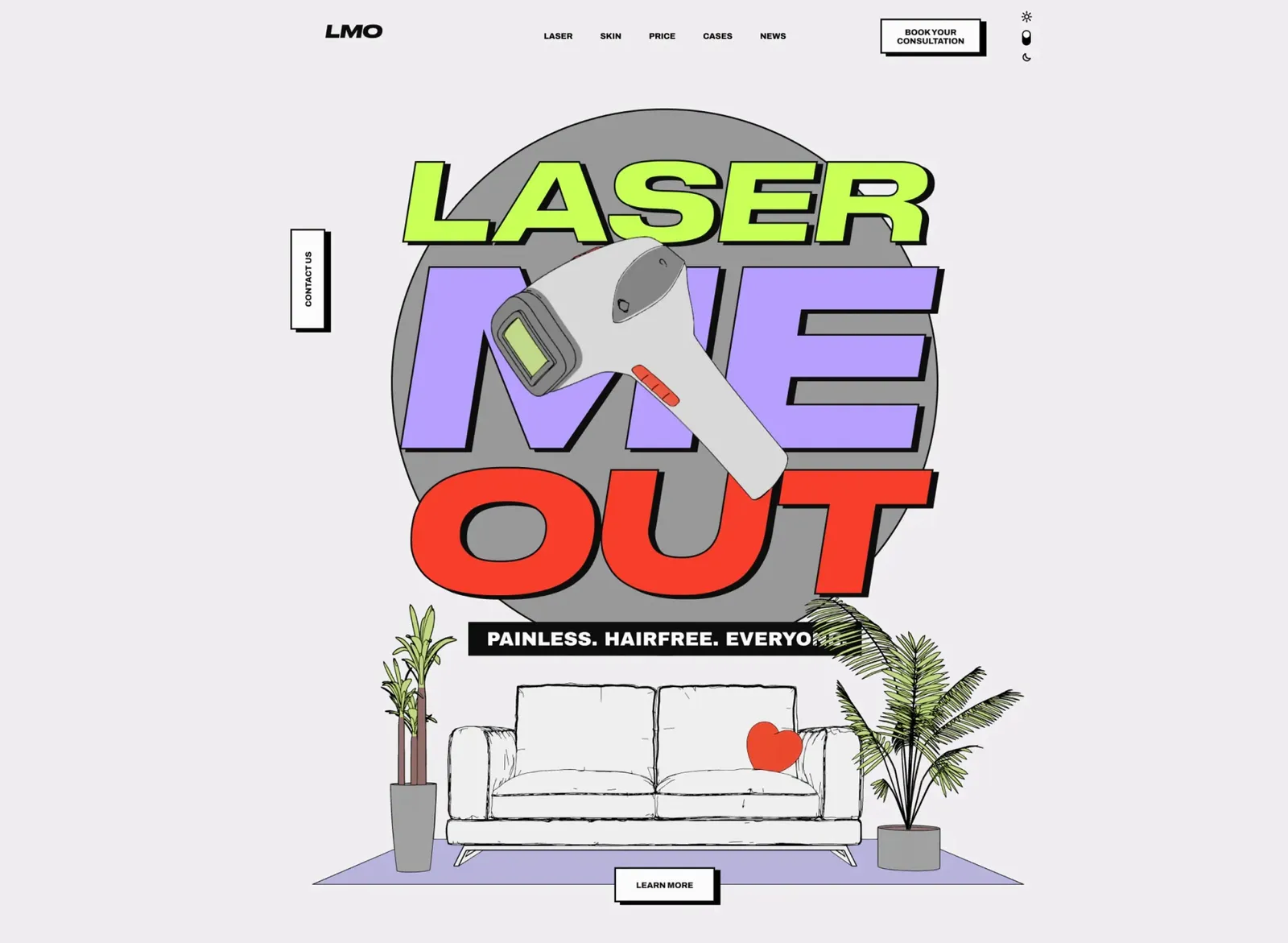 Homepage draft in grey and neon green: the laser head lies across the “Laser Me Out” lettering, with a sofa as line art below